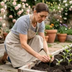 Femme jardinant et transplantant des plants dans un potager en plein air au printemps