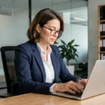 Femme professionnelle lisant les mentions légales d'un site internet sur son ordinateur portable dans un bureau moderne