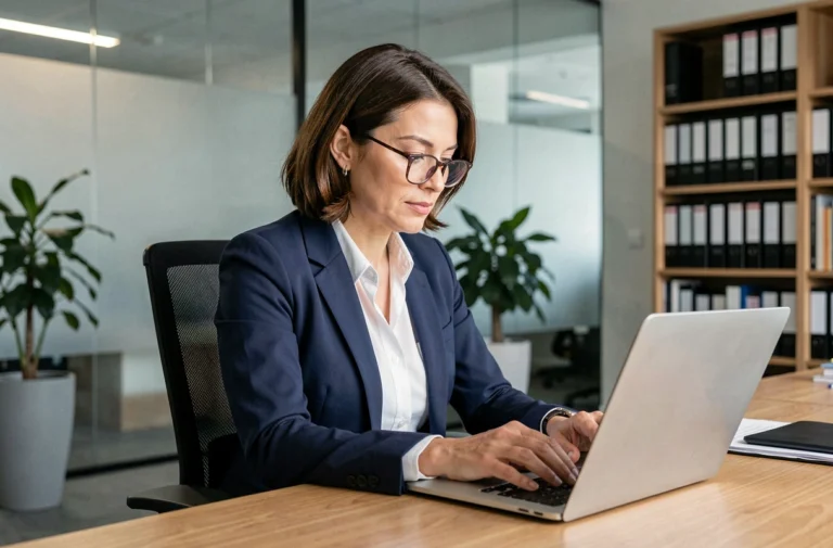 Femme professionnelle lisant les mentions légales d'un site internet sur son ordinateur portable dans un bureau moderne