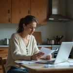 Femme lisant une lettre dans sa cuisine modeste