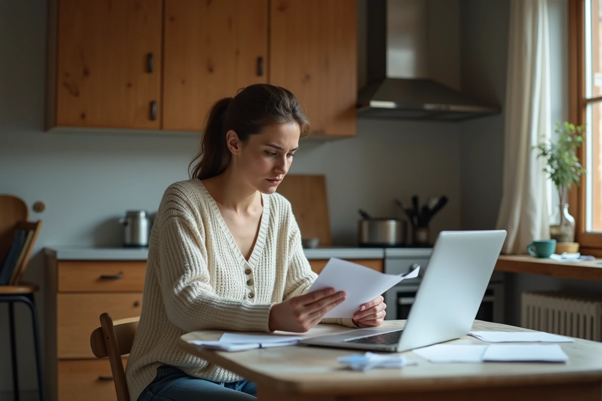 Femme lisant une lettre dans sa cuisine modeste