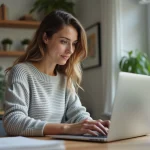 Femme naviguant sur un site de décoration intérieure depuis un bureau moderne à domicile