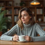 Femme pensive assise à une table en bois tenant une tasse de thé, evoquant une mère réfléchissant à sa famille