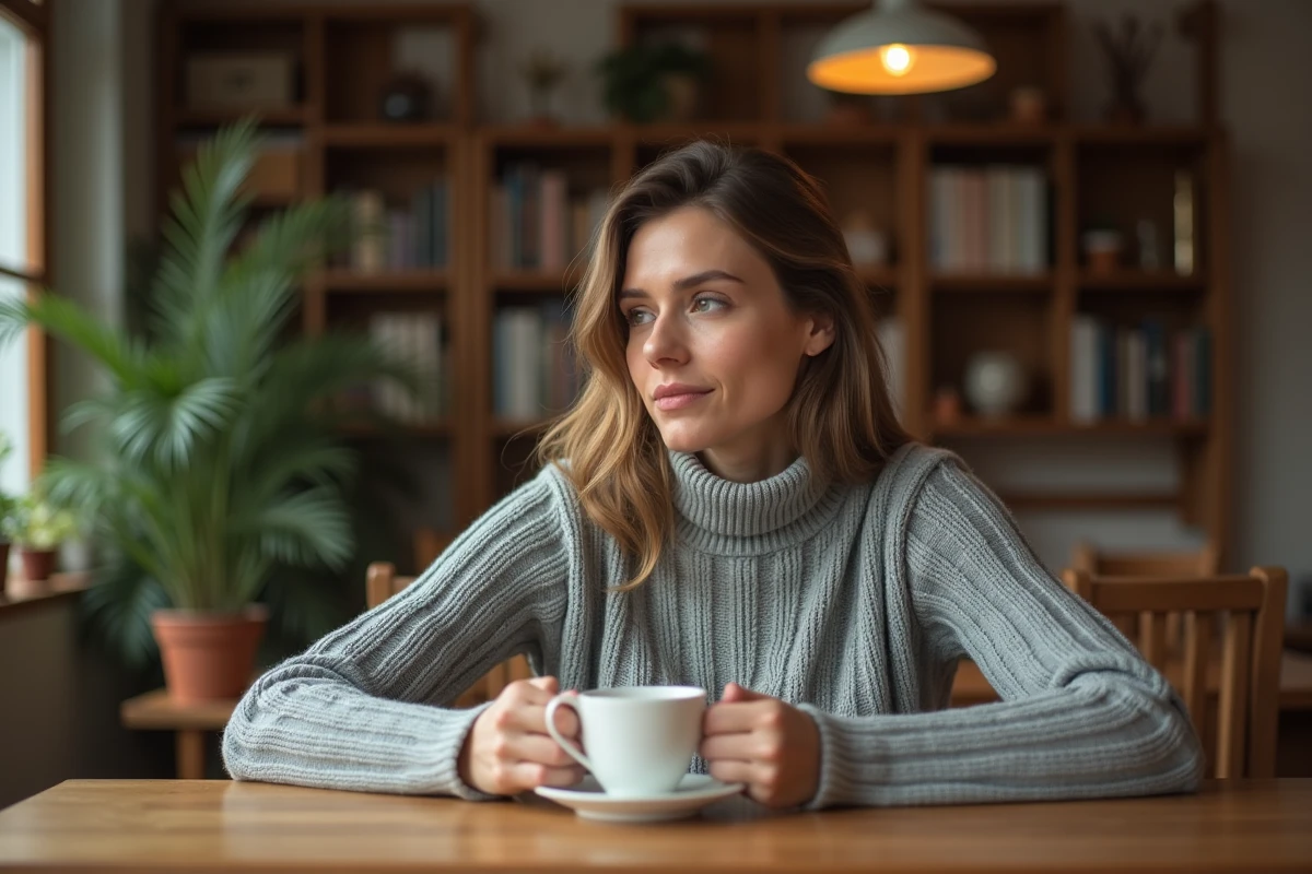 Femme pensive assise à une table en bois tenant une tasse de thé, evoquant une mère réfléchissant à sa famille