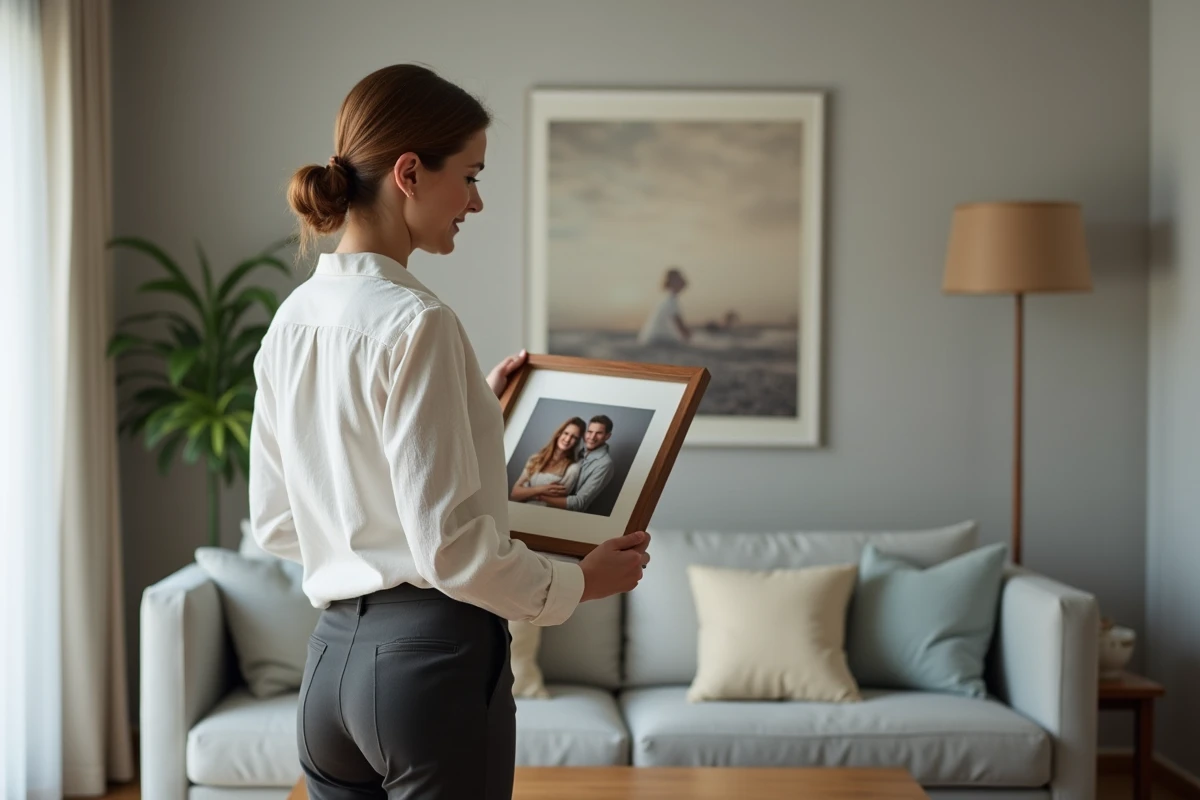 Femme tenant un cadre photo de famille dans un salon moderne, exprimant une émotion complexe liée à l'identité parentale