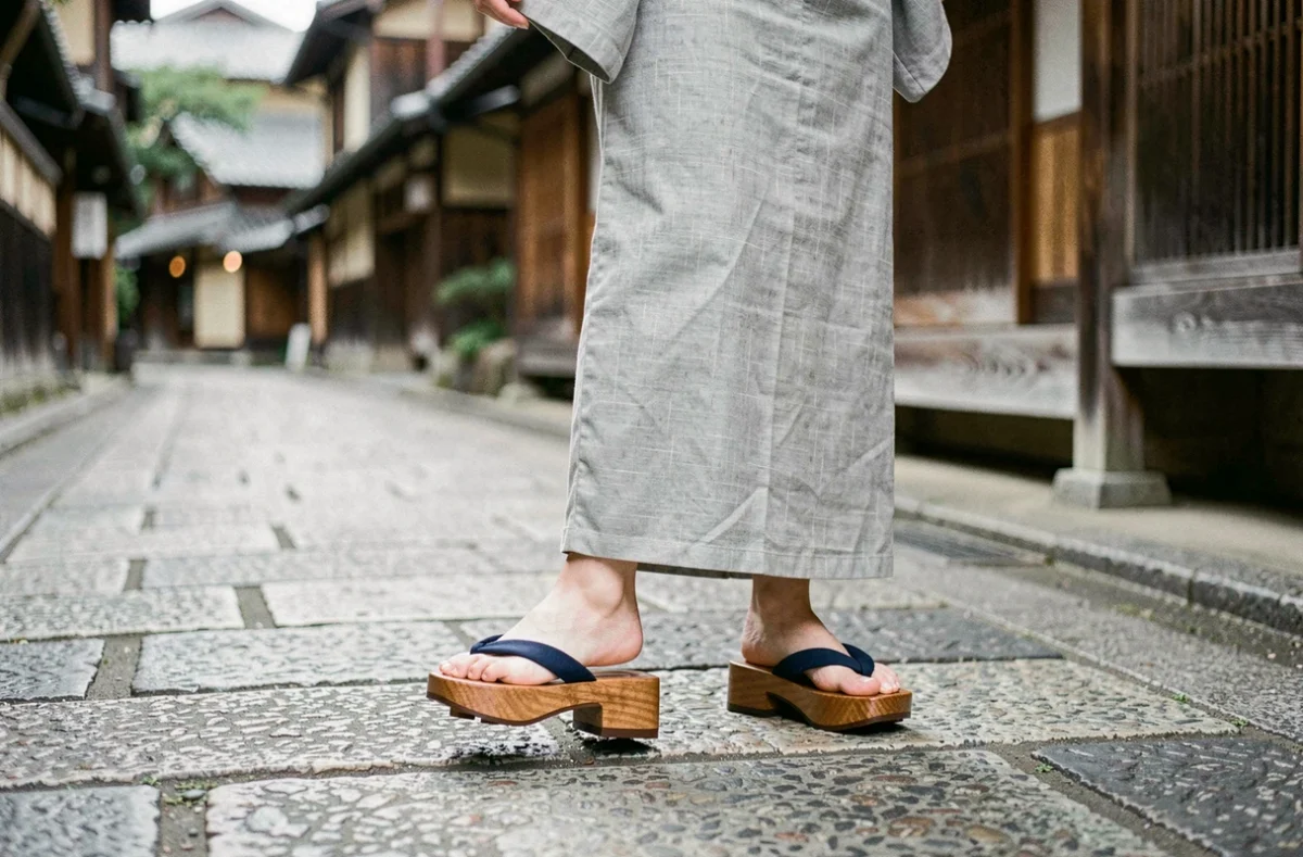 Femme portant des sandales geta artisanales authentiques en bois dans une rue traditionnelle de Kyoto