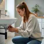 Jeune femme répare un siphon sous un lavabo moderne