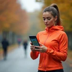 Femme en tenue de running consultant l'application Strava sur smartphone en plein parc urbain