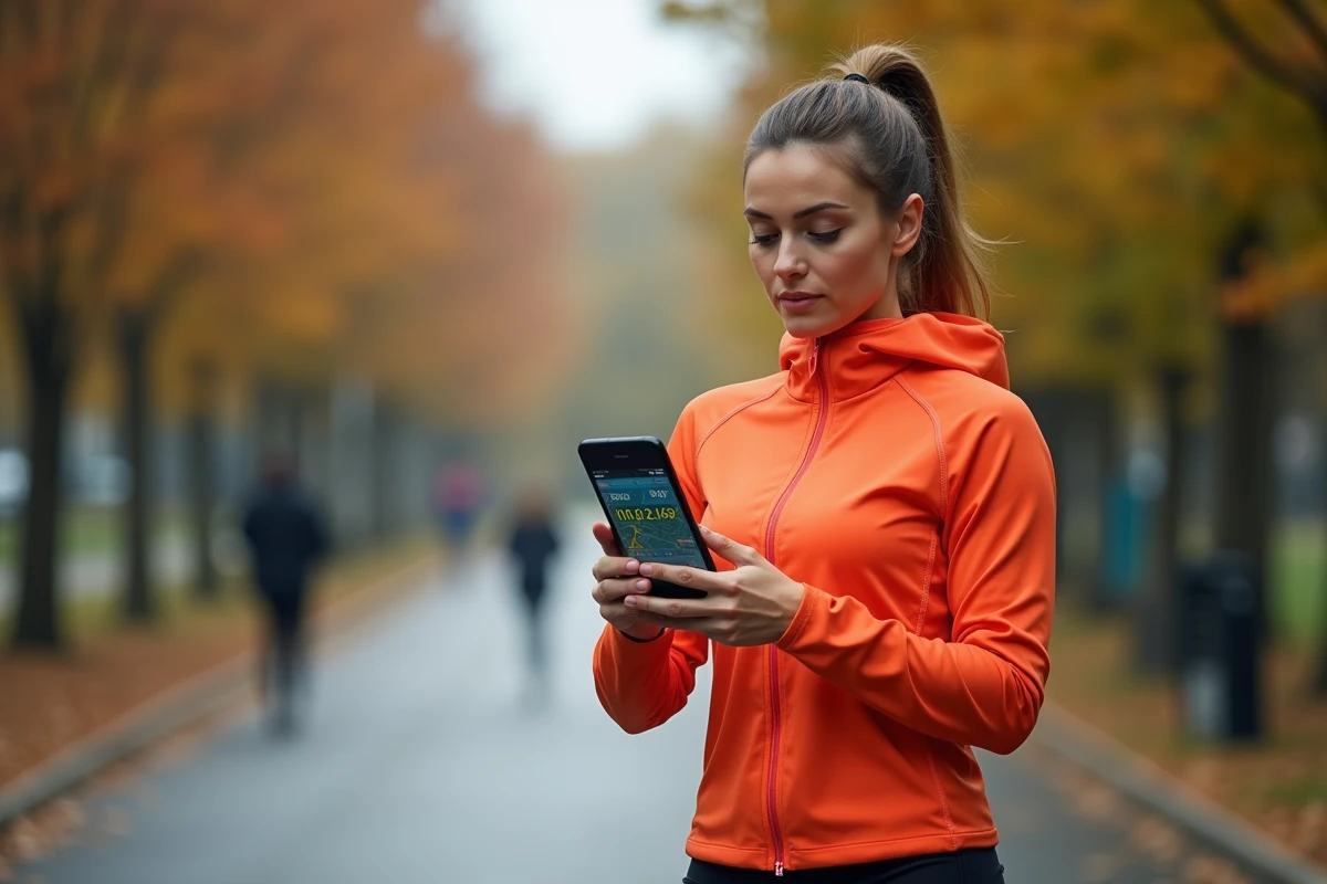 Femme en tenue de running consultant l'application Strava sur smartphone en plein parc urbain