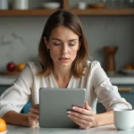 Femme lisant des nouvelles santé sur une tablette à la maison