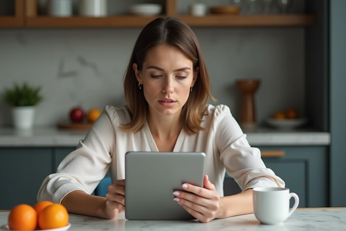 Femme lisant des nouvelles santé sur une tablette à la maison