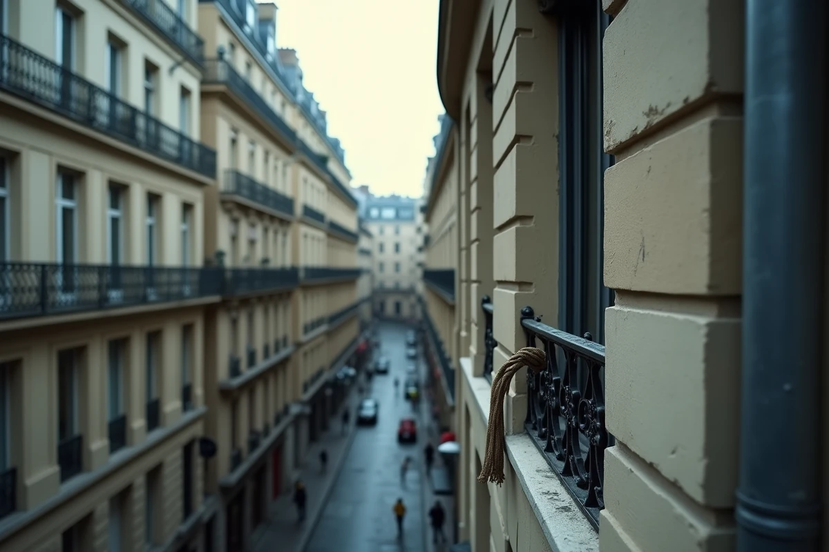 Fenêtre entrouverte et rambarde abîmée au deuxième étage d'un immeuble haussmannien parisien illustrant les points d'entrée utilisés lors de cambriolages en appartement