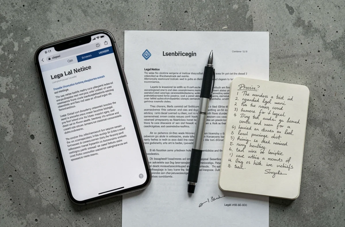 Vue aérienne d'un smartphone affichant des mentions légales posé sur un bureau avec documents imprimés et notes manuscrites