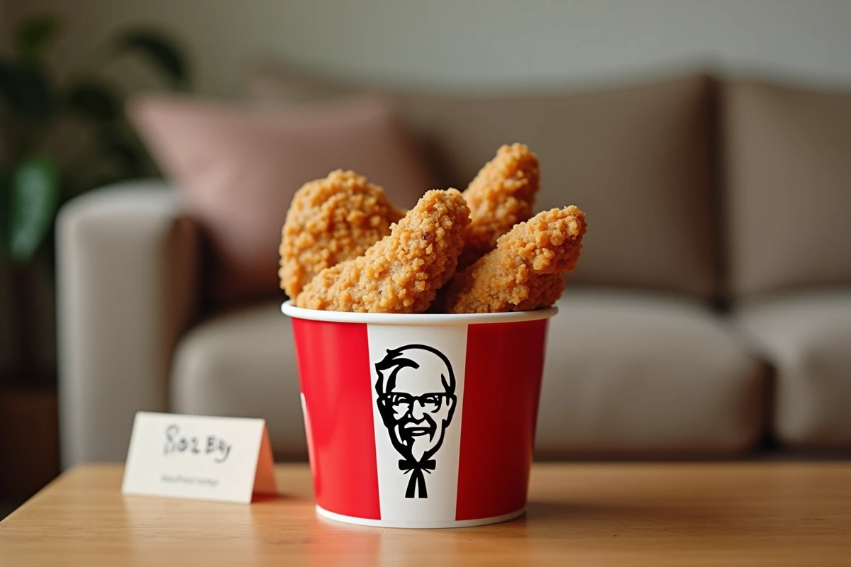 Gros plan sur un bucket KFC ouvert avec poulet croustillant et note de budget pour comparer les formules