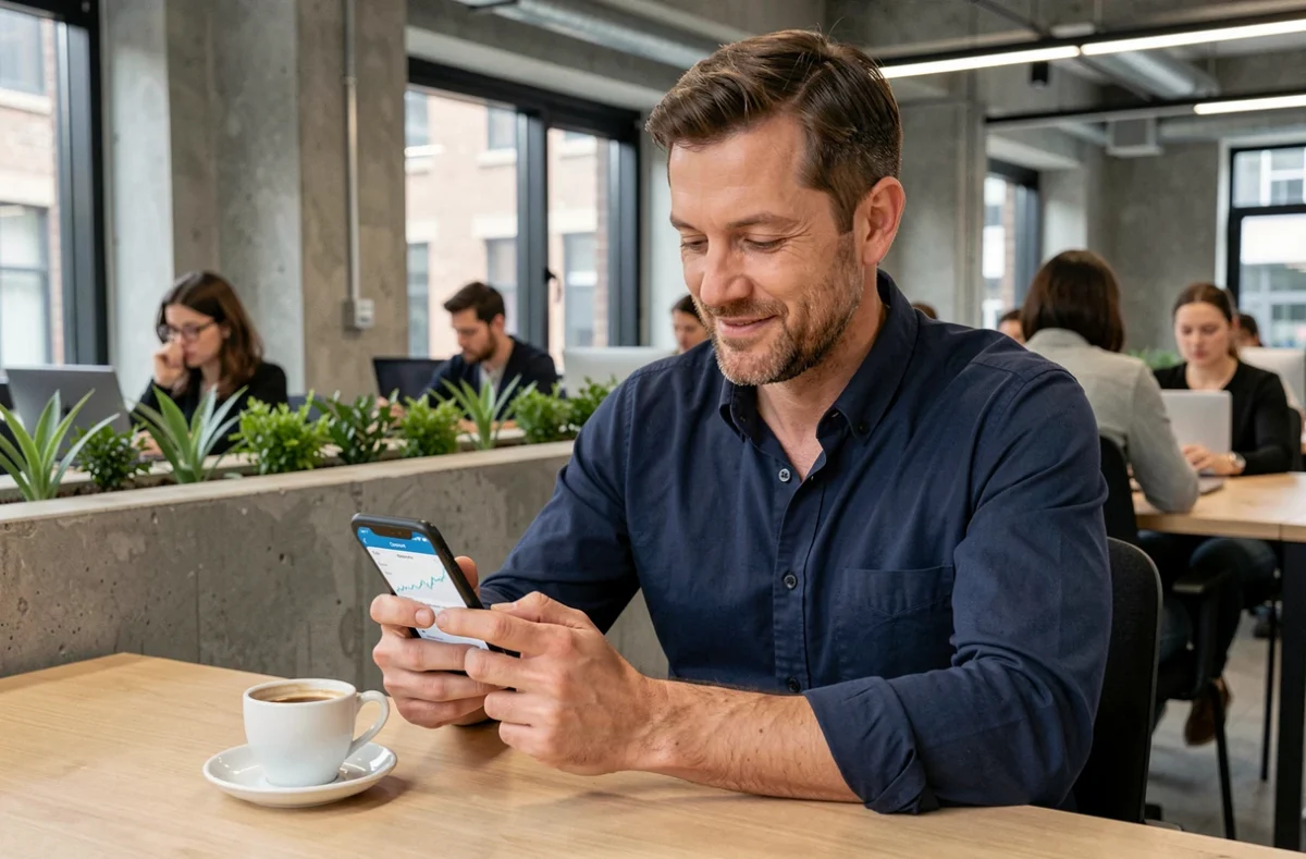Homme consultant une application de finances personnelles sur smartphone dans un espace de coworking moderne