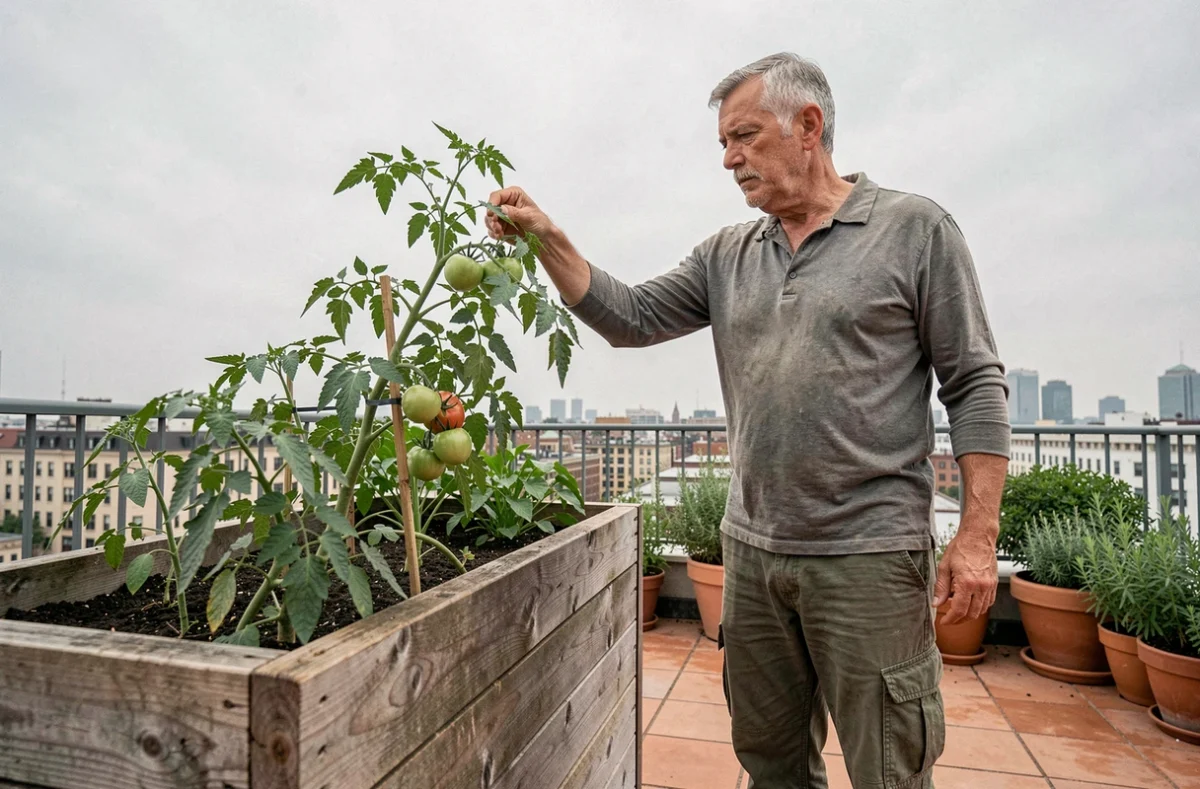 Homme inspectant des plants de tomates dans un jardin potager sur toit en milieu urbain