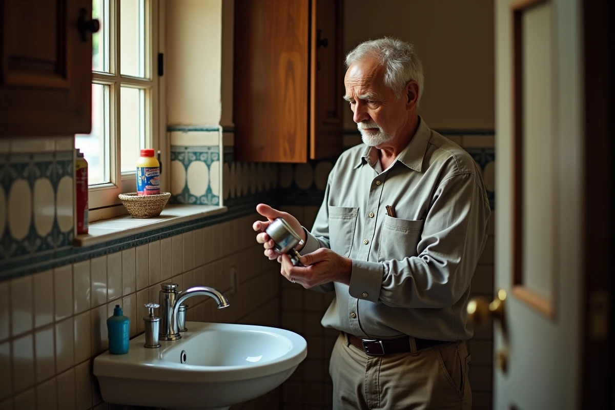 Homme âgé examine un siphon dévissé dans une salle de bain ancienne