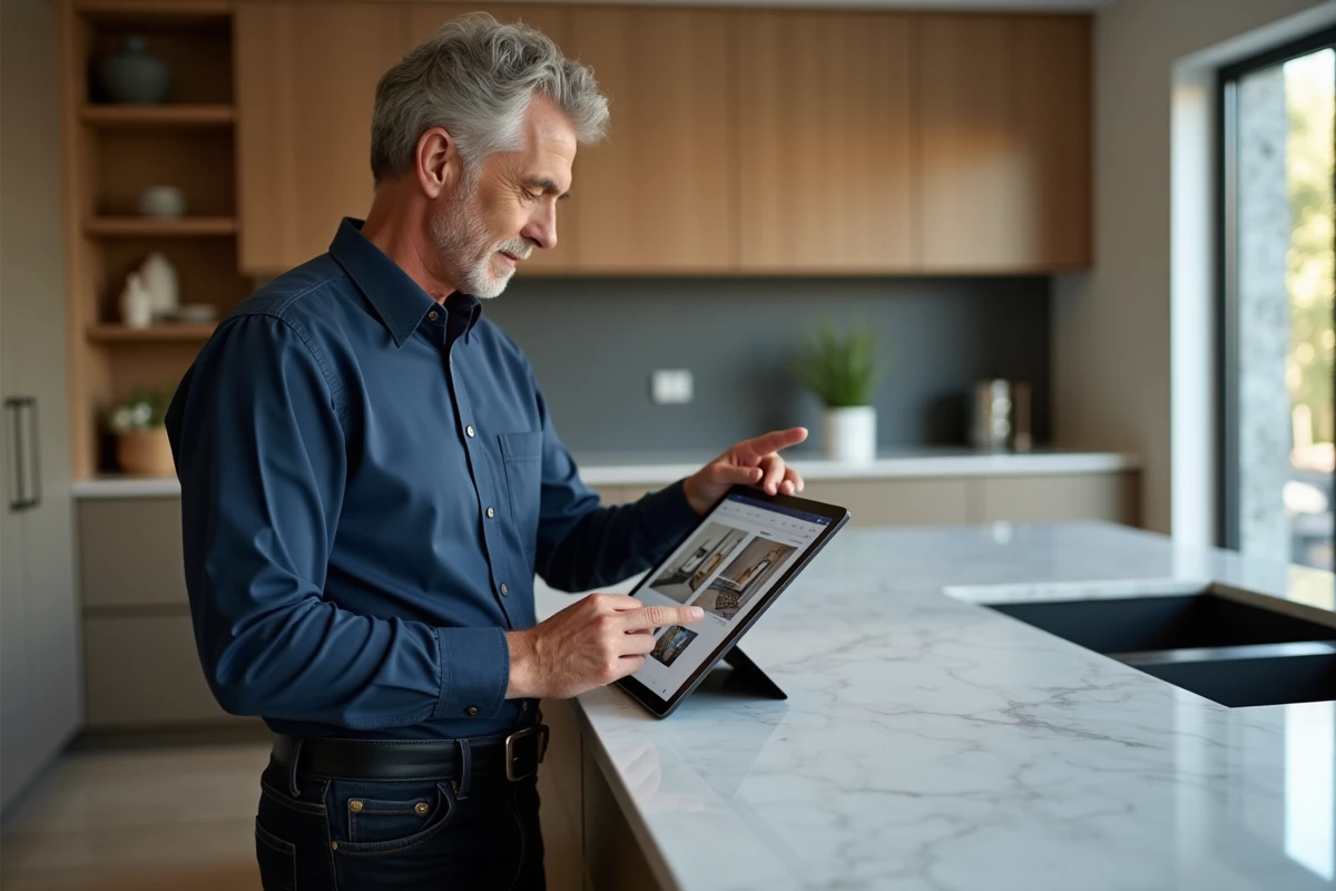 Homme consultant le plan d'un site de décoration sur une tablette dans une cuisine moderne
