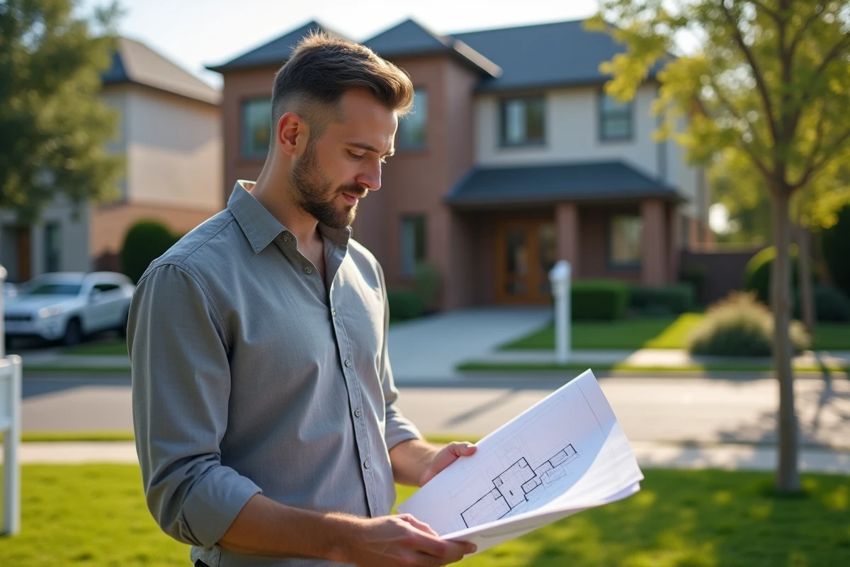 Homme examinant des plans architecturaux devant une maison résidentielle à vendre