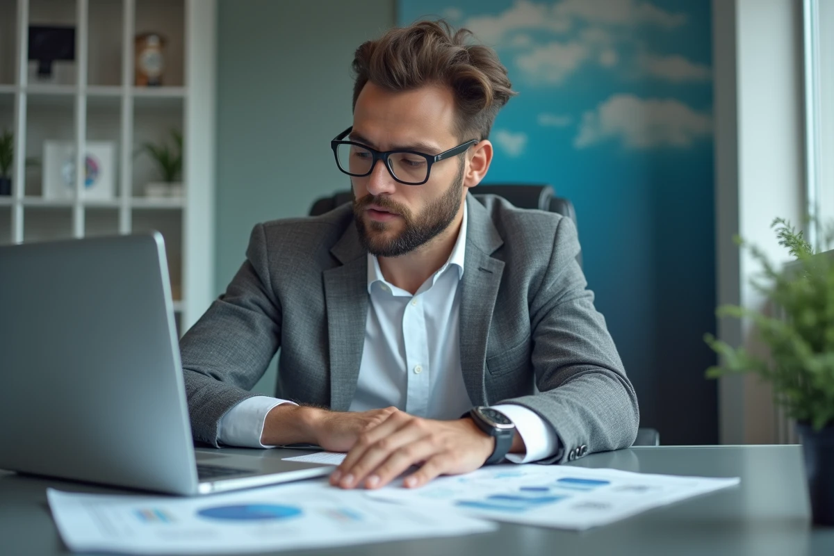 Homme professionnel en bureau moderne examine des diagrammes serveurs