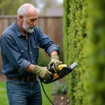 Homme utilisant un taille-haie électrique pour tailler une haie de buis dans un jardin soigné