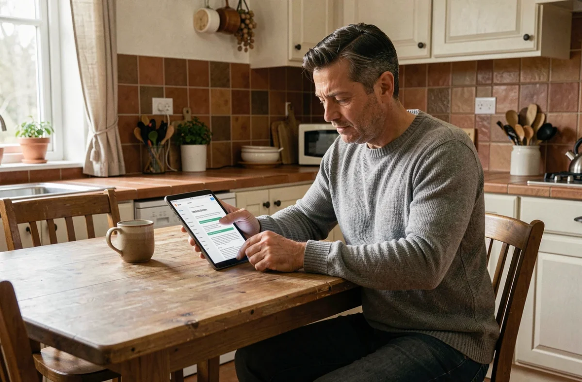 Homme consultant les mentions légales d'un site web sur une tablette dans sa cuisine à domicile