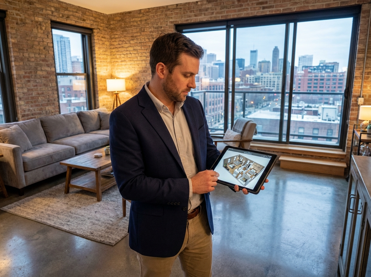 Homme en smart casual analysant un plan 3D dans un espace rénové