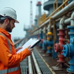 Ingénieur pétrolier en combinaison de sécurité orange consultant des documents techniques sur le pont d'une plateforme offshore Total