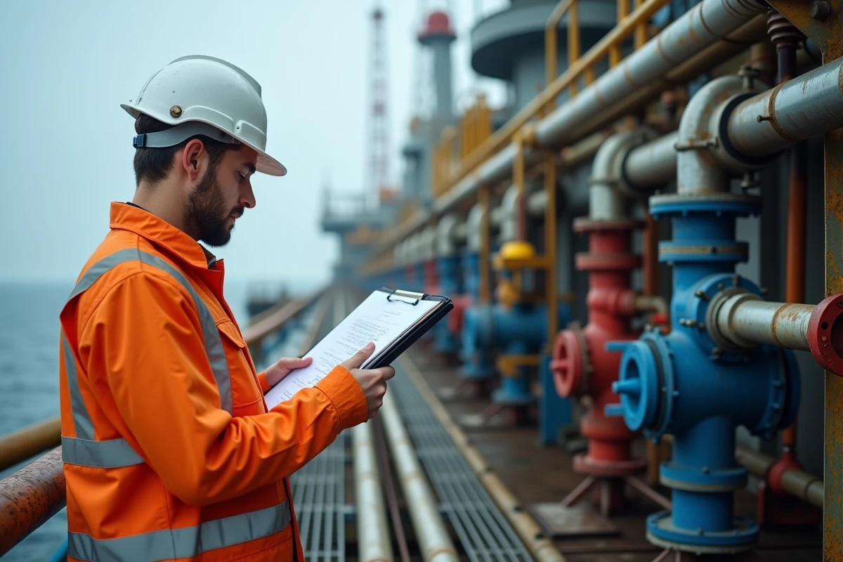 Ingénieur pétrolier en combinaison de sécurité orange consultant des documents techniques sur le pont d'une plateforme offshore Total