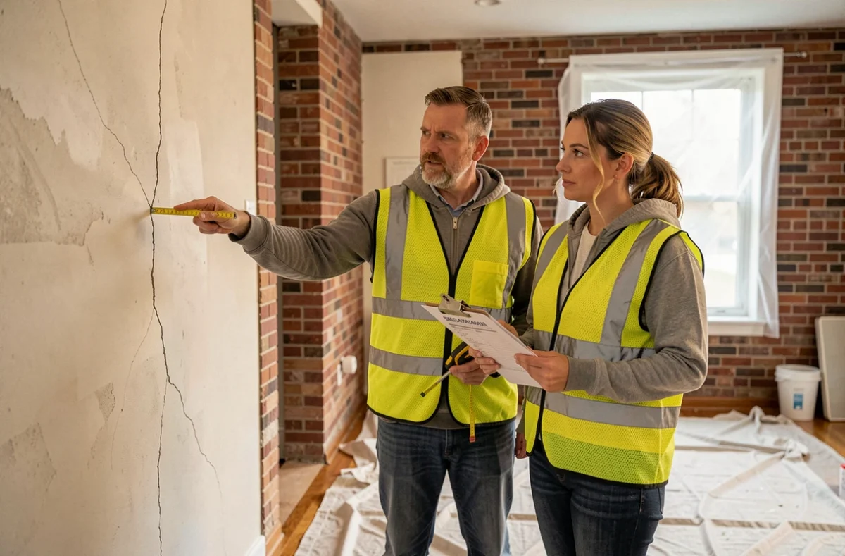 Deux professionnels en gilet de sécurité inspectant une fissure murale lors d'un audit de rénovation domiciliaire