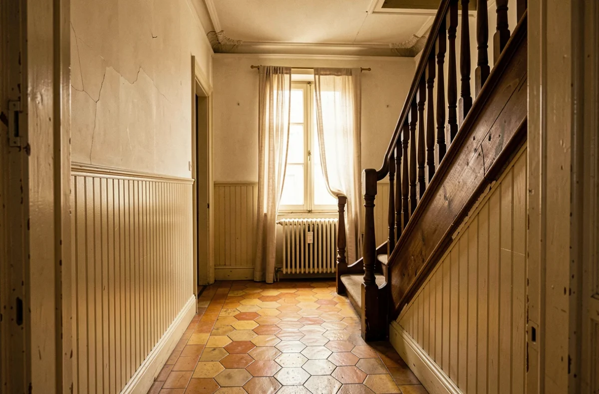 Couloir intérieur d'une maison bourgeoise française des années 1920 avec carrelage tomette, lambris en bois et escalier en chêne