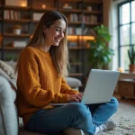 Jeune femme souriante sur canapé avec ordinateur portable