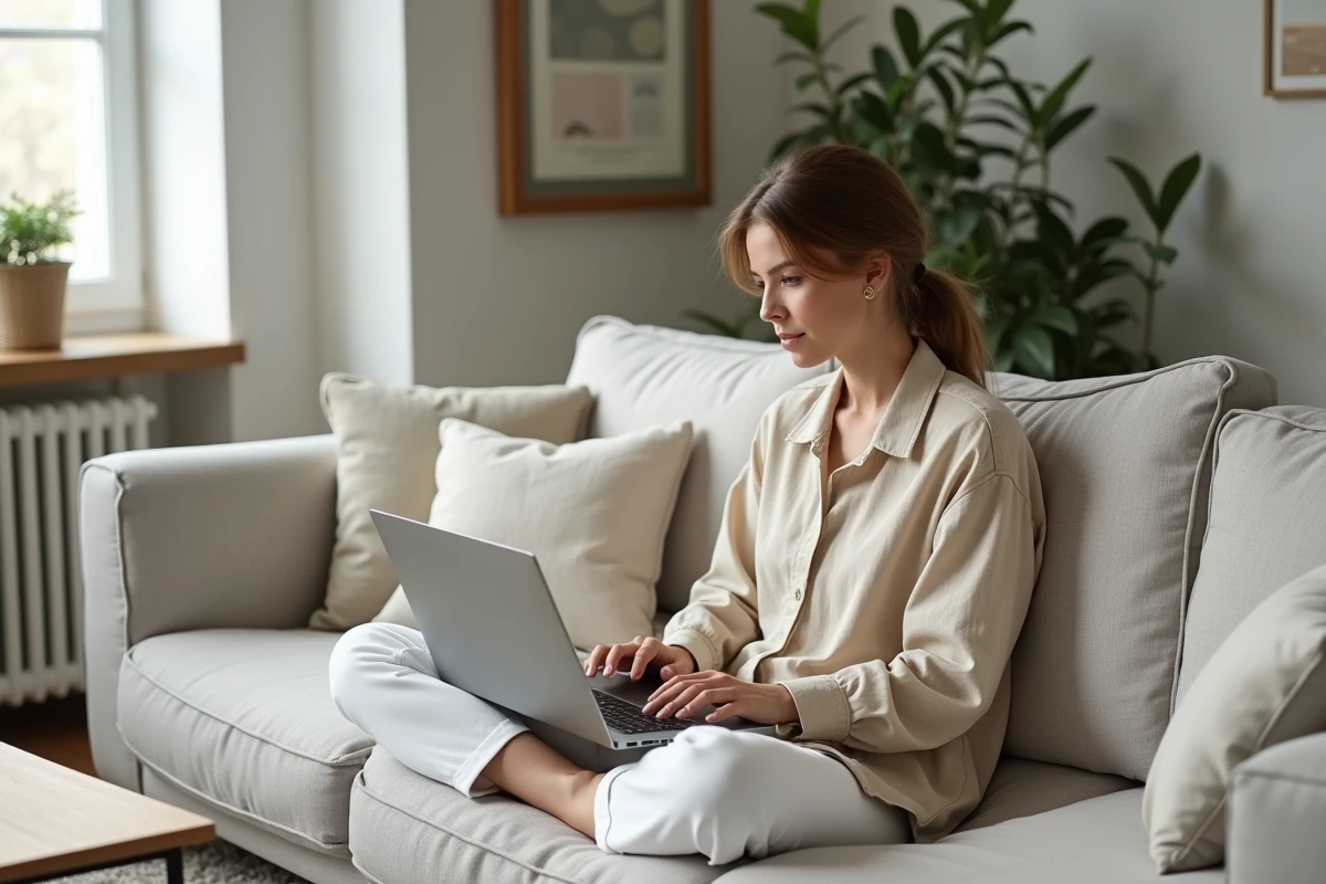 Jeune femme explorant le plan de navigation d'un site de décoration depuis son canapé scandinave