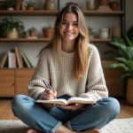 Jeune femme en jeans et pull cousue dans un salon chaleureux