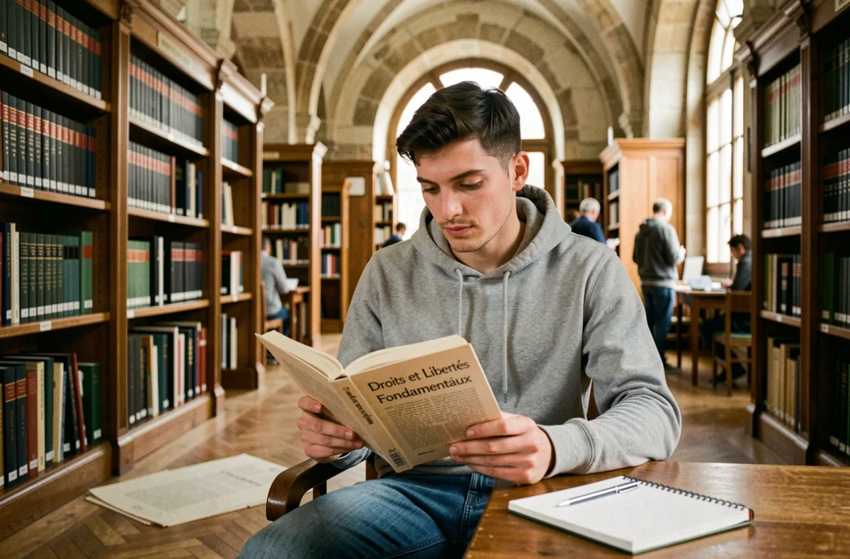 Jeune homme lisant un ouvrage sur les droits et libertés fondamentales dans une bibliothèque publique française