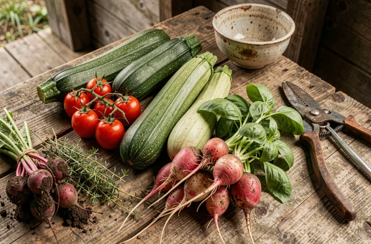 Légumes frais récoltés du jardin disposés sur une table en bois rustique avec des herbes aromatiques