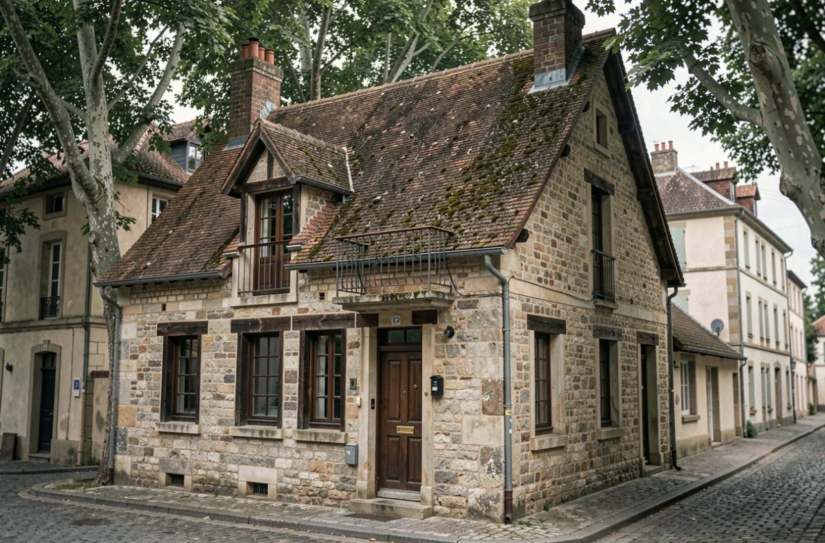 Façade d'une maison française typique des années 1920 en pierre calcaire avec toit en tuiles et balcon en fer forgé dans une rue pavée provinciale