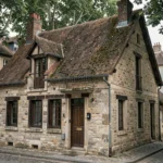 Façade d'une maison française typique des années 1920 en pierre calcaire avec toit en tuiles et balcon en fer forgé dans une rue pavée provinciale