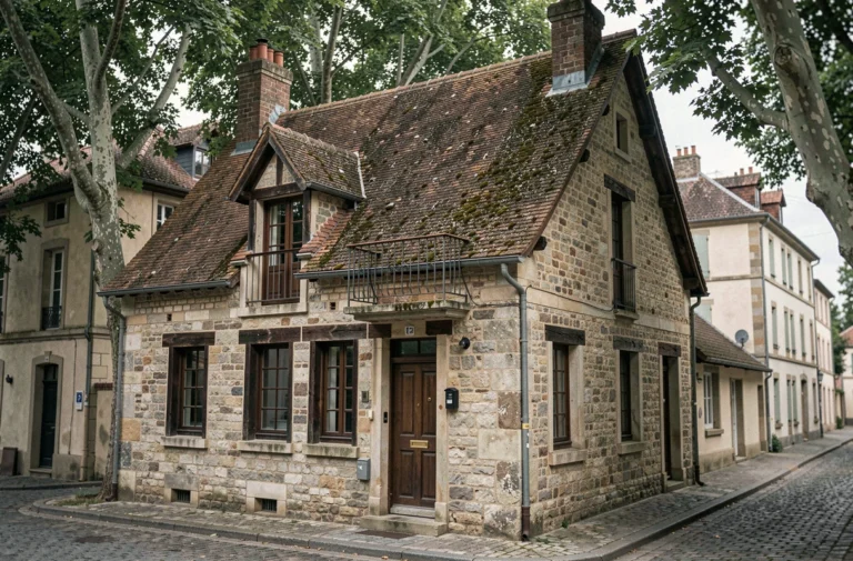 Façade d'une maison française typique des années 1920 en pierre calcaire avec toit en tuiles et balcon en fer forgé dans une rue pavée provinciale
