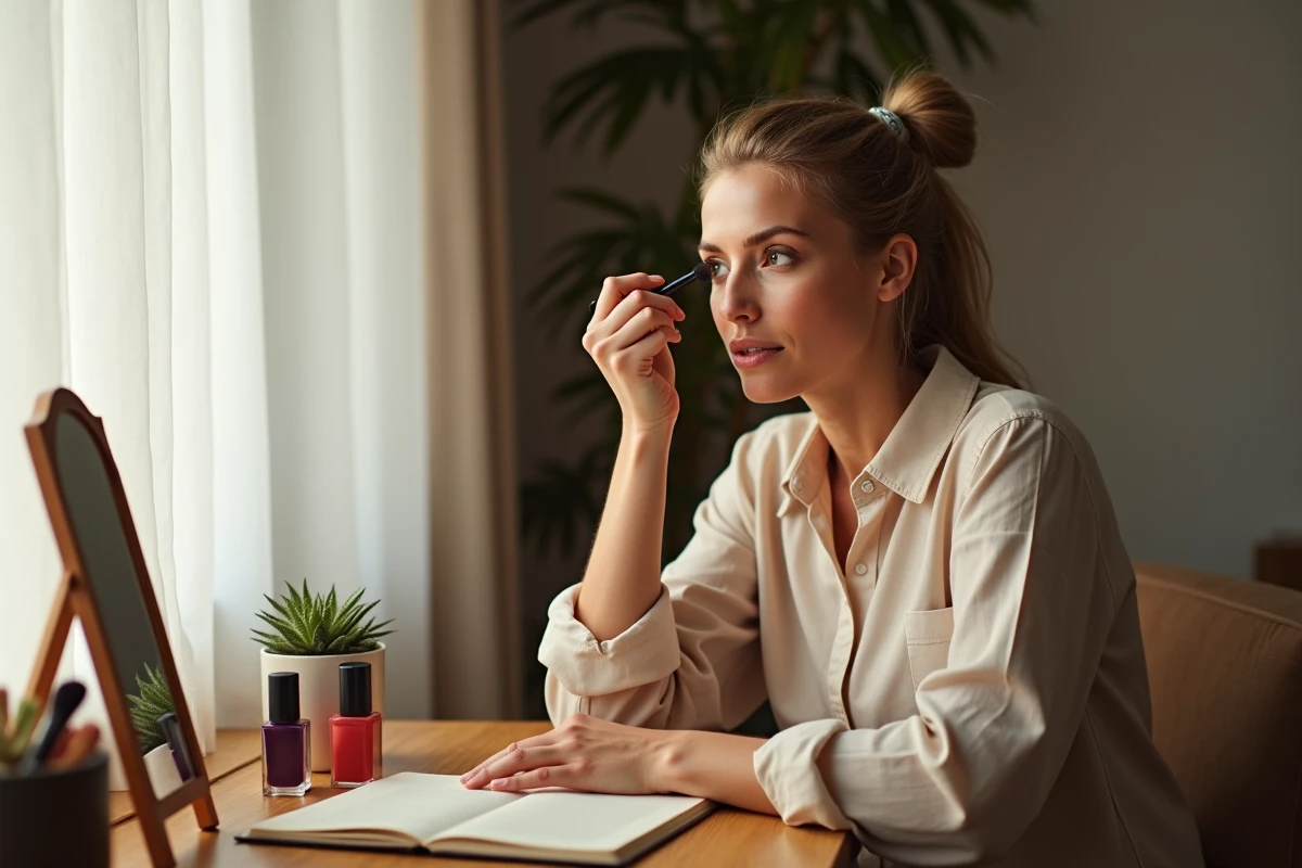 Femme mature appliquant du mascara à sa coiffeuse en bois avec des produits de maquillage
