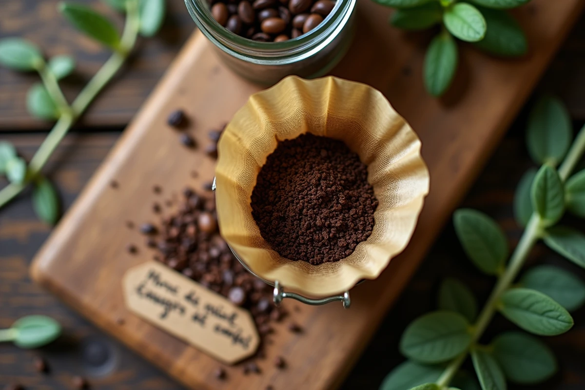 Vue de dessus du marc de café dans un filtre et un bocal en verre utilisé comme engrais naturel pour les plantes