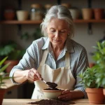 Femme utilisant du marc de café comme engrais naturel pour une plante en pot dans une cuisine