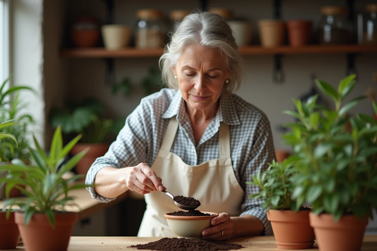 Femme utilisant du marc de café comme engrais naturel pour une plante en pot dans une cuisine