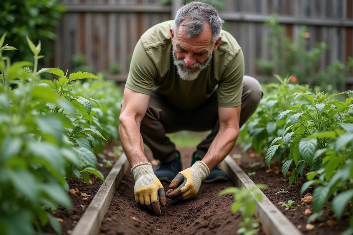 Homme incorporant du marc de café dans le sol d'un potager pour enrichir les tomates
