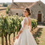 Mariée en robe de dentelle ivoire dans un vignoble provençal avec une chapelle en pierre en arrière-plan, style éditorial romantique