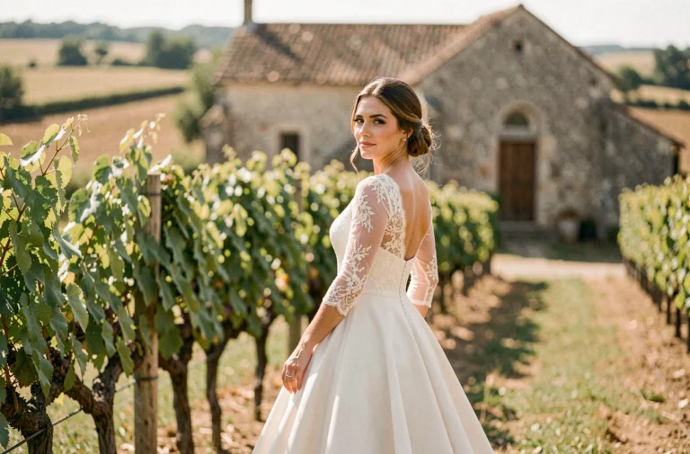 Mariée en robe de dentelle ivoire dans un vignoble provençal avec une chapelle en pierre en arrière-plan, style éditorial romantique