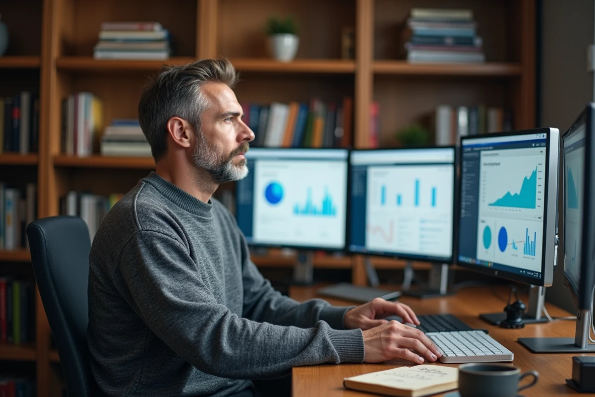 Professionnel du marketing digital analysant des tableaux de bord et des performances SEO depuis son bureau à domicile