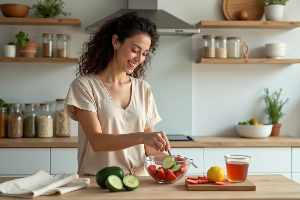 Jeune femme préparant un masque visage naturel maison avec des fruits et ingrédients frais dans une cuisine