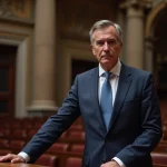 Homme politique français en costume bleu marine à la tribune d'une salle parlementaire ornée