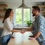 Femme souriante et expert immobilier se serrant la main dans une cuisine moderne
